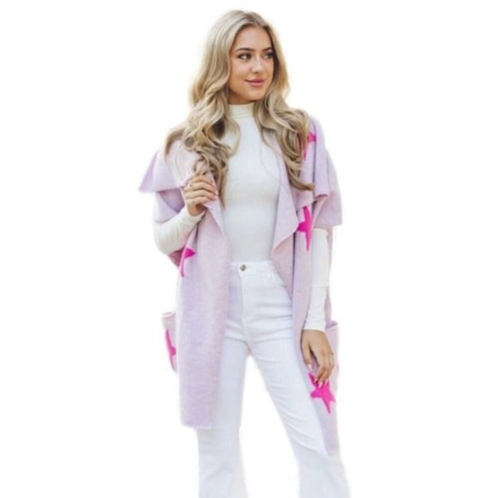 J.Marie Anniston Cardigan Open Front Pink Stars Purple Spring Pastel Womens M/L